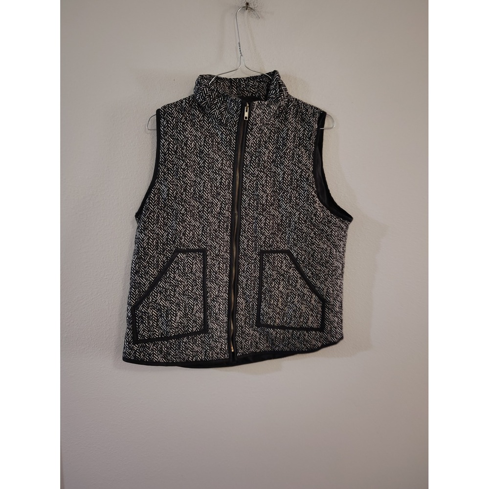 Wanna B Womens Black White Chevron Quilted Zip Up Puffer Vest Large V2001